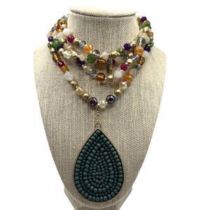 Plunder Harvest Time Necklace Multicolor Beaded Long Statement Teardrop Pendant